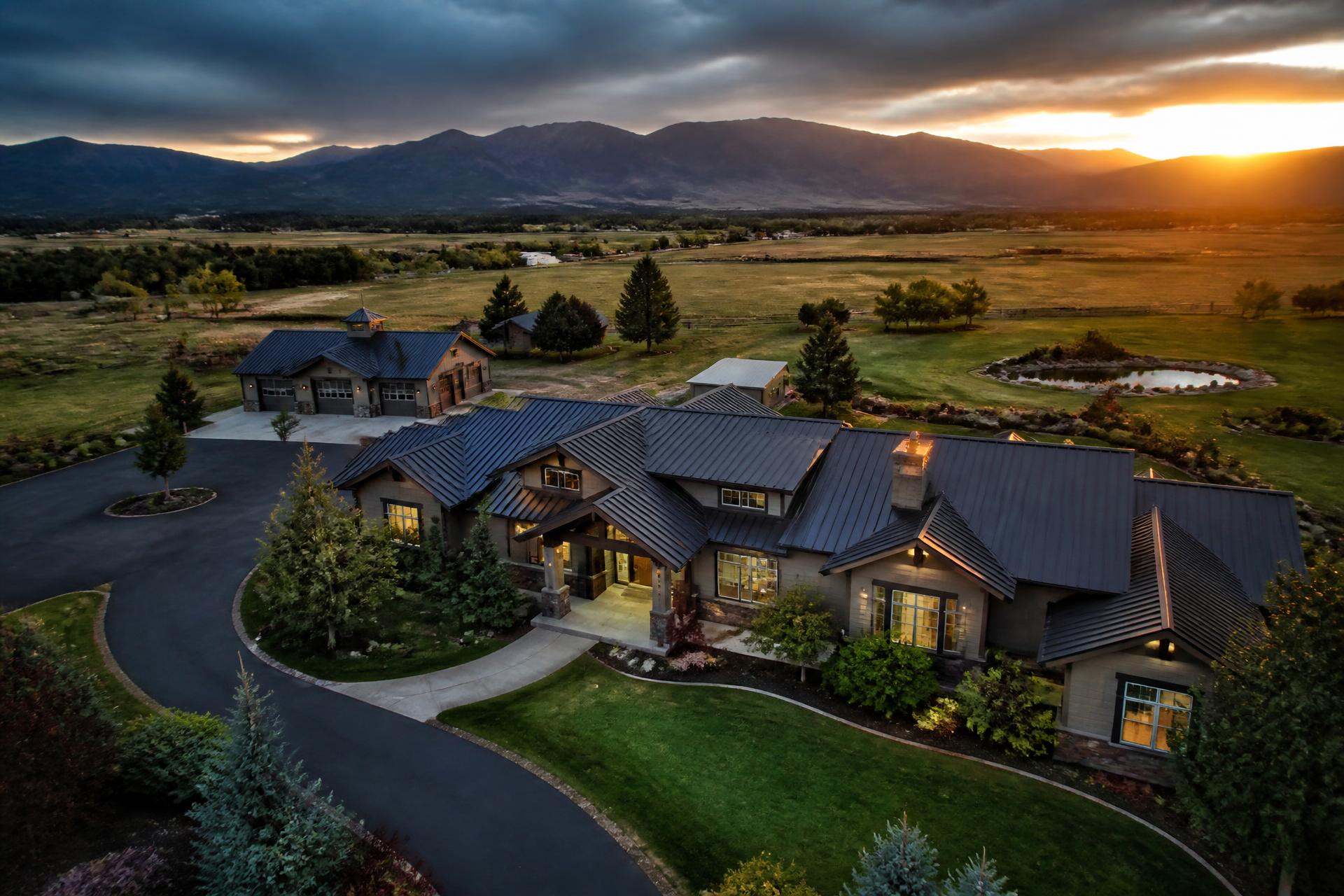 Aerial drone photograph of an Idaho property at sunset